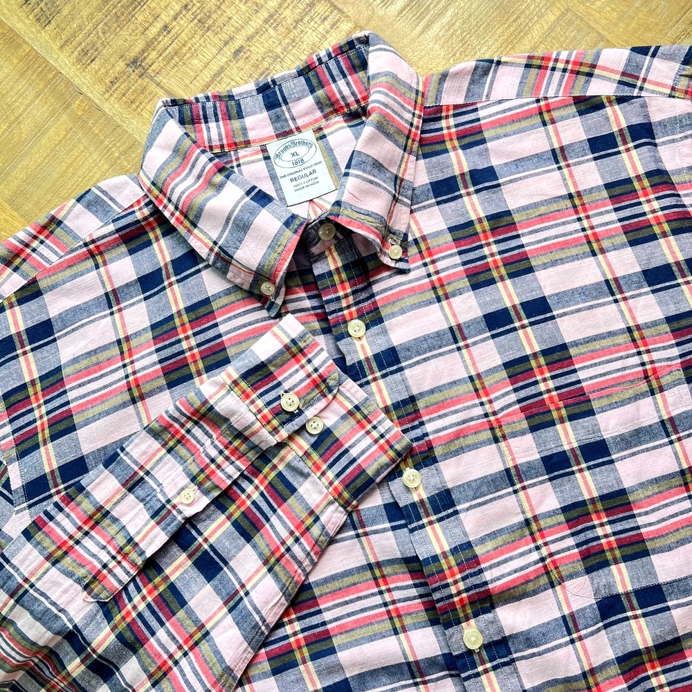 BROOKS BROTHERS Shirt Men Size XL  Plaid Pink Blue Red Yellow Long Sleeve Button